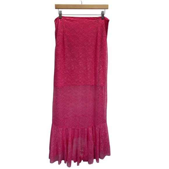 Anthropologie Maxi Skirt Womens 14 Pink Rose Lace Ruffle Hem NWT - Picture 2 of 9